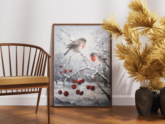 Robin Bird Painting Snowy Winter Landscape Print, Rustic Farmhouse Christmas Wall Art, Digital Download Vintage Holiday Decor