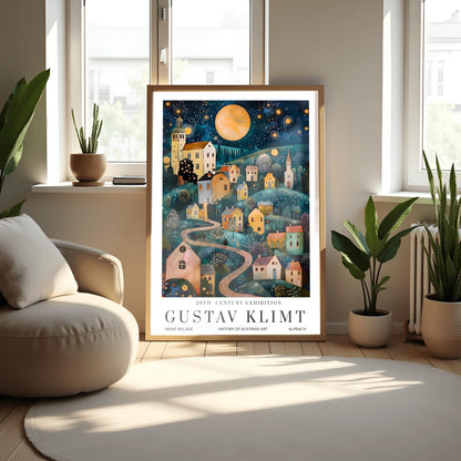 Gustav Klimt Print Austrian Village Night Poster, Moon & Stars Tree Art, Fine Art Wall Decor, Klimt Exhibition Poster, Premium Matte Paper