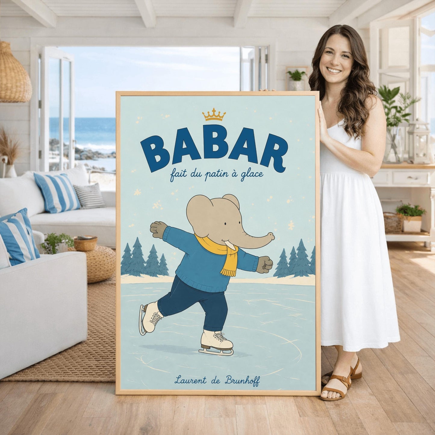 A vertical storybook-style art print featuring Babar the Elephant ice skating on a frozen pond. Babar is wearing a blue sweater, dark pants, a yellow scarf, and white ice skates. He is shown mid-stride with one leg lifted. The background consists of snowy pine trees under a light blue sky with falling snowflakes. The top of the print reads "BABAR fait du patin à glace" with a small gold crown.