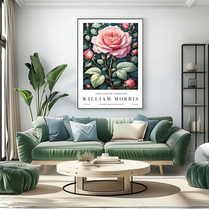William Morris Exhibition Poster, Pink Rose Print, Arts and Crafts, 19th Century