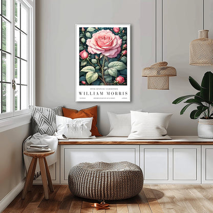 William Morris Exhibition Poster, Pink Rose Print, Arts and Crafts, 19th Century
