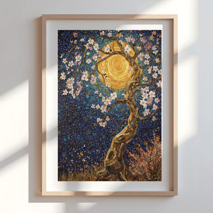 Gustav Klimt Inspired Cherry Blossom Sun Poster Mystical Night Tree
