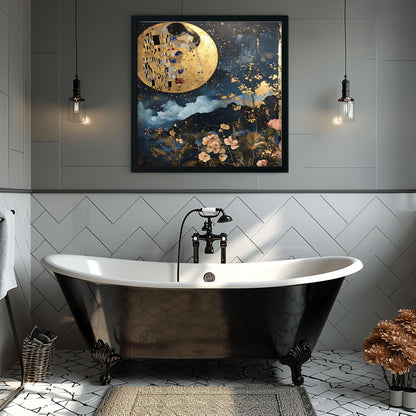 Gustav Klimt Kiss the Moon Inspired Wall Art | Romantic Golden Night Sky Poster | Celestial Lovers Print on Canvas or Fine Art Paper