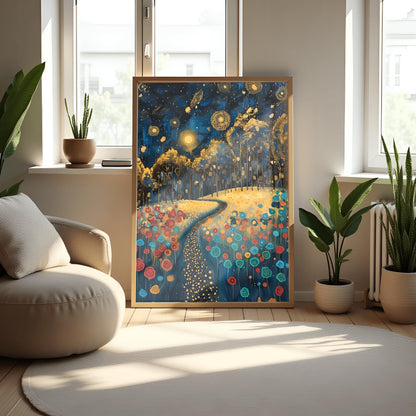 Gustav Klimt Inspiration Exhibition Poster, Starry Night Field, Art Nouveau, Celestial Landscape