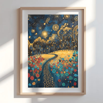 Gustav Klimt Inspiration Exhibition Poster, Starry Night Field, Art Nouveau, Celestial Landscape