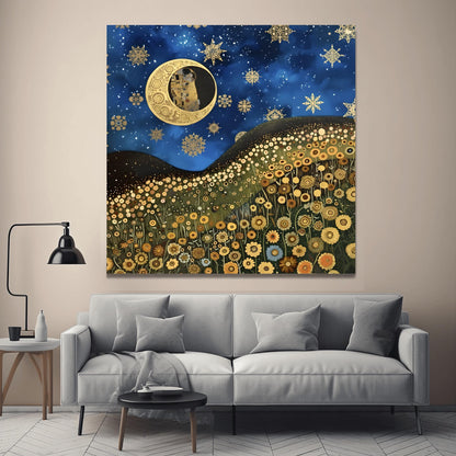 Gustav Klimt Inspired Art Print, Whimsical Landscape, Starry Night Sun, Art Nouveau