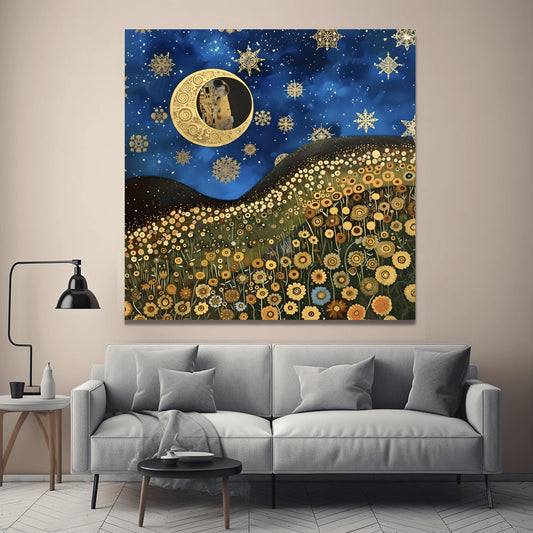 Gustav Klimt Inspired Art Print, Whimsical Landscape, Starry Night Sun, Art Nouveau