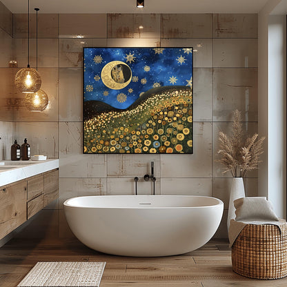 Gustav Klimt Inspired Art Print, Whimsical Landscape, Starry Night Sun, Art Nouveau