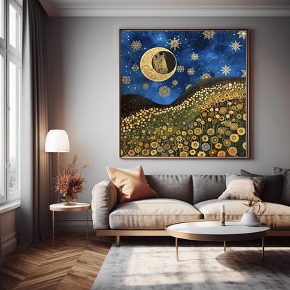 Gustav Klimt Inspired Art Print, Whimsical Landscape, Starry Night Sun, Art Nouveau