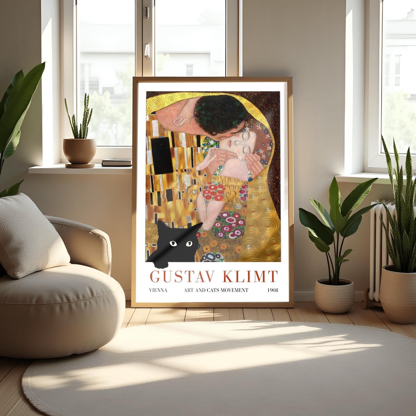 Gustav Klimt 'The Kiss' Poster, Art and Cats Print, Black Cat Art, Art Nouveau Exhibition