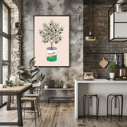 Perelló Olive Tin Art Print, Olive Tree Kitchen Poster, Quirky Food Art, Whimsical Kitchen Decor