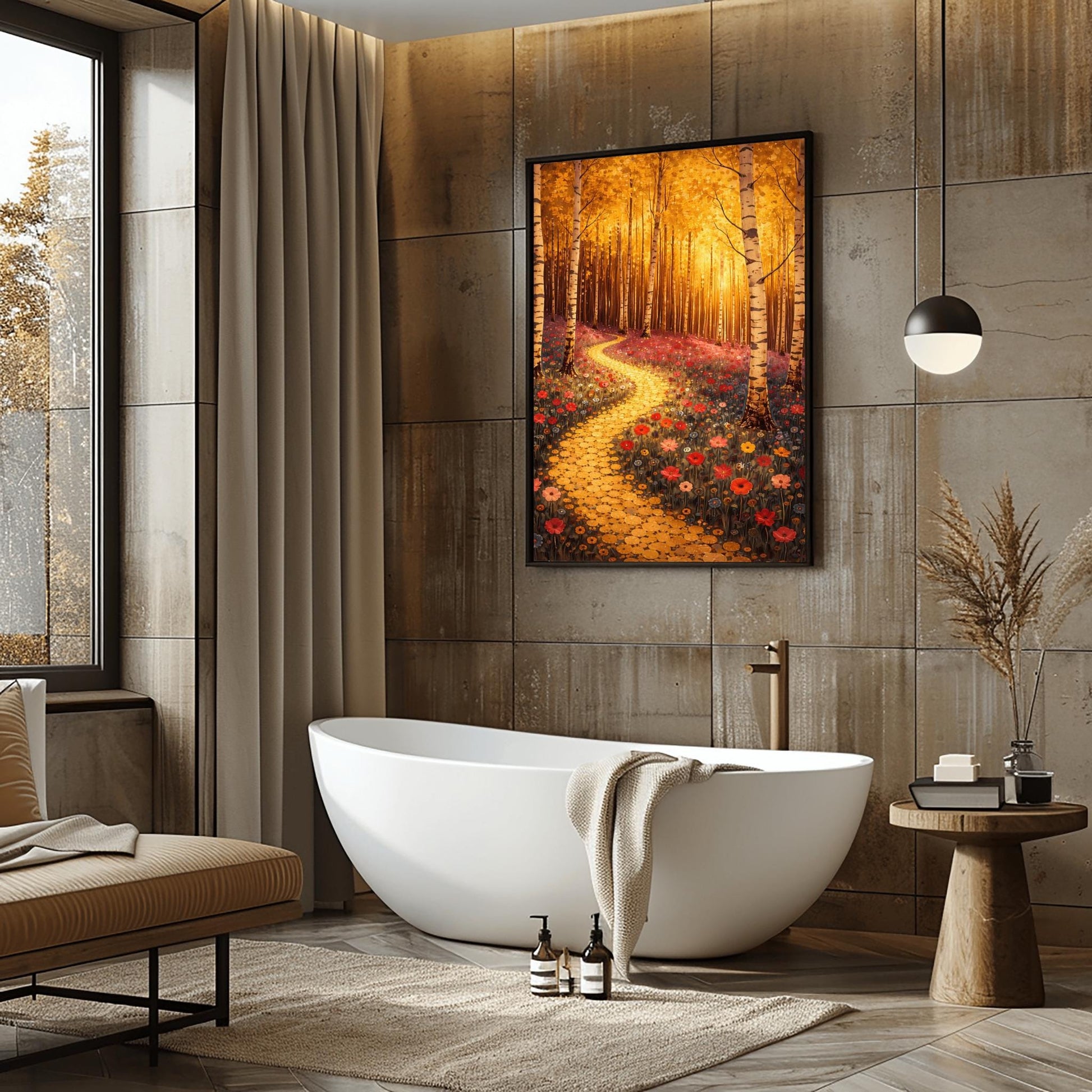 A vertical fine art landscape in the style of Gustav Klimt. Slender birch trees with white and black bark stand in a forest with glowing golden leaves. A winding path made of golden mosaic circles leads through a meadow of red and pink poppies toward a sun-drenched, ethereal background.