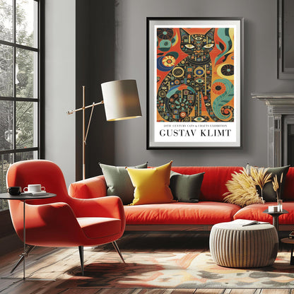 Gustav Klimt Inspiration Cat Poster, Golden Art Nouveau Print, Cats and Crafts Exhibition, Whimsical Wall Decor
