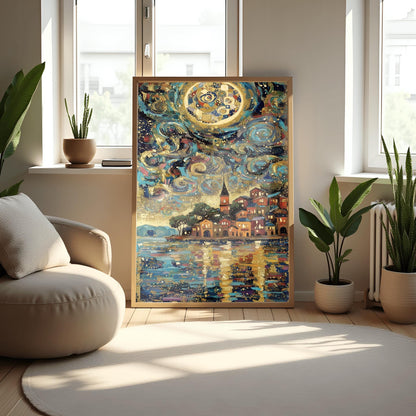 Gustav Klimt Celestial Night Lake Inspiration Art Print, Golden Night Scene Poster, Whimsical Celestial Town, Abstract Landscape Art