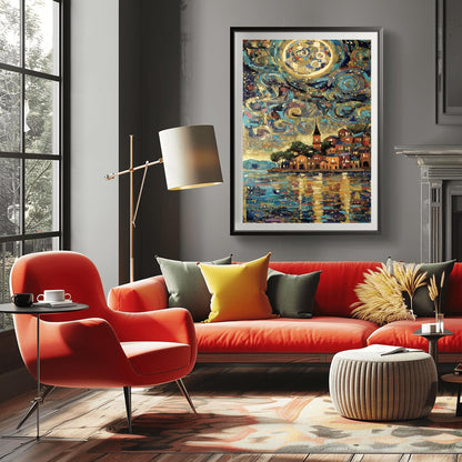 Gustav Klimt Celestial Night Lake Inspiration Art Print, Golden Night Scene Poster, Whimsical Celestial Town, Abstract Landscape Art