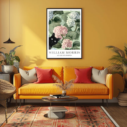 William Morris Cat Poster, Black Cat Art Print, Arts and Crafts Exhibition, Green Floral Wall Decor