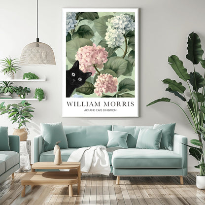 William Morris Cat Poster, Black Cat Art Print, Arts and Crafts Exhibition, Green Floral Wall Decor