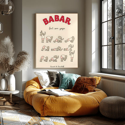 Babar the Elephant Does Yoga Print: Red Polka Dot Pants Retro Nursery Decor, Kids Room Art