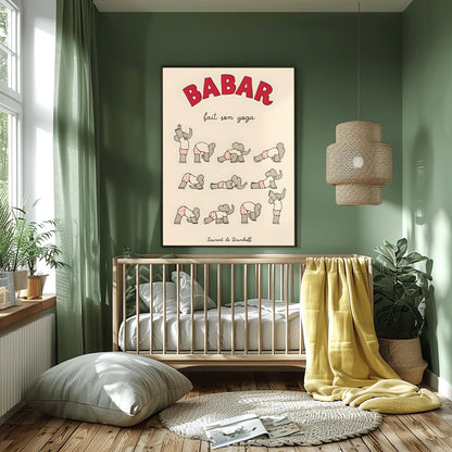 Babar the Elephant Does Yoga Print: Red Polka Dot Pants Retro Nursery Decor, Kids Room Art