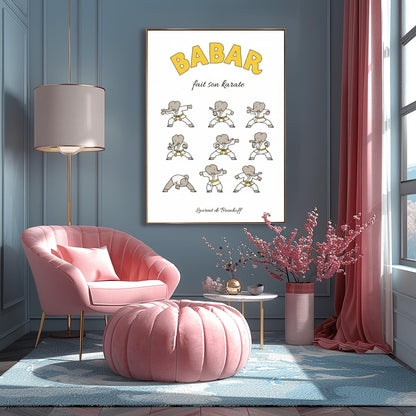 Babar fait son karaté Poster, Cute Kids Room Art, Elephant Martial Arts Print, French Nursery Decor