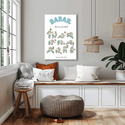 Babar fait son football Poster, Elephant Soccer Player Art, Cute French Nursery Decor, Kids Sports Print
