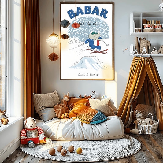 Babar the Elephant Print French Skiing: Retro Nursery Decor, Kids Room Art