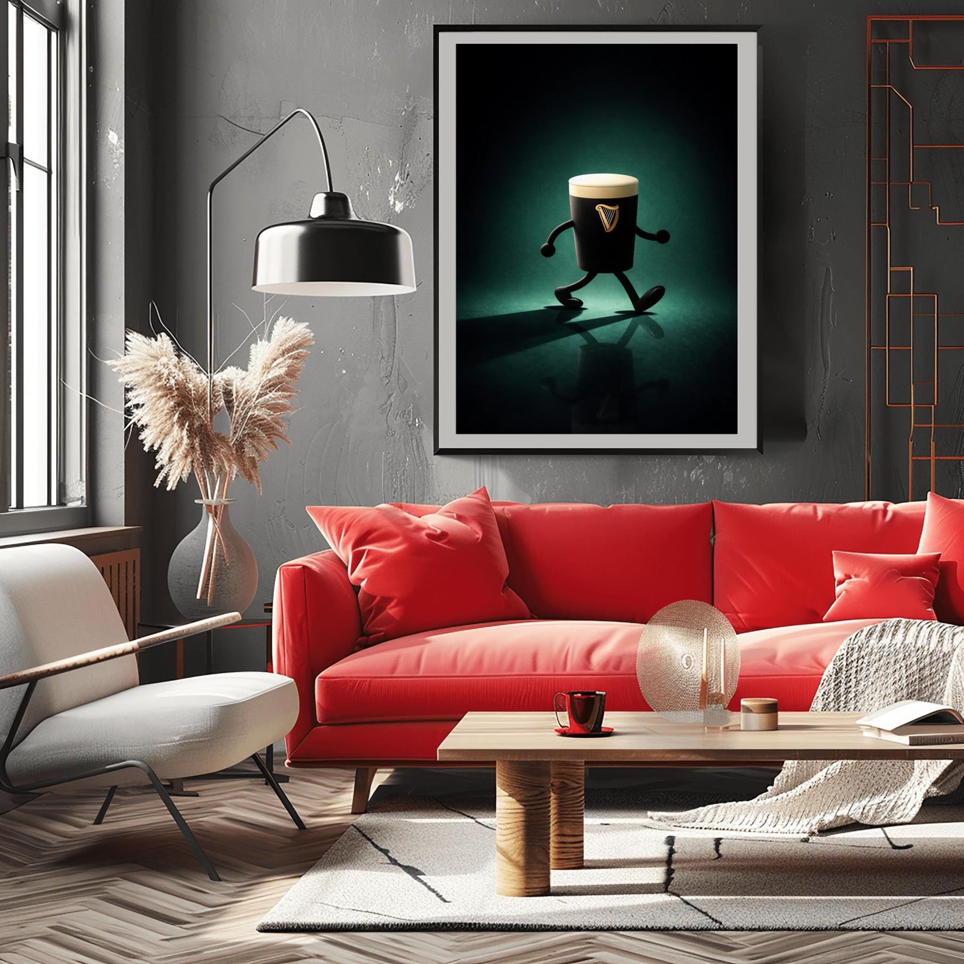 A vertical cinematic illustration of a 3D Guinness pint character with cartoon arms and legs. It is walking across a dark, reflective floor under a moody emerald-green spotlight. The pint features a crisp white foam head and a golden harp logo.