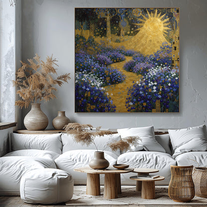 Gustav Klimt lobelia Garden Inspiration Print, Golden Sun Wall Art, Mystical Floral Landscape Poster, Art Nouveau Decor