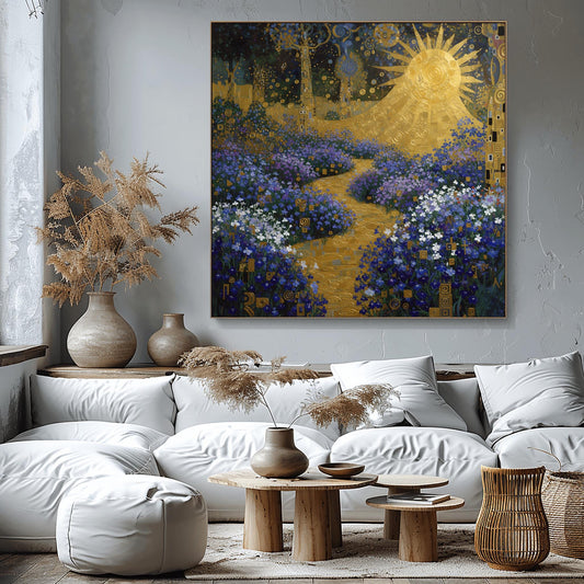 Gustav Klimt lobelia Garden Inspiration Print, Golden Sun Wall Art, Mystical Floral Landscape Poster, Art Nouveau Decor