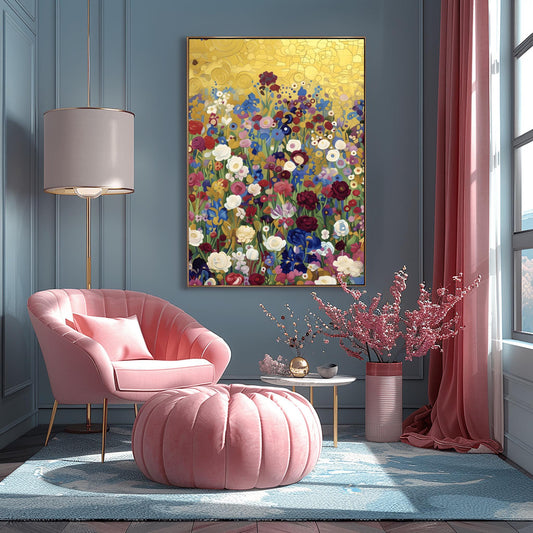 Klimt Floral Meadow Print, Abstract Flower Field Art, Vibrant Gold Aesthetic Poster, Eclectic Wall Decor