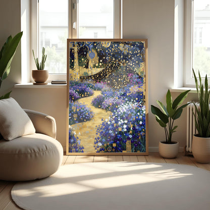Gustav Klimt Golden Lobelia Garden Print, Art Nouveau Floral Path Poster, Mystical Blue & Gold Decor