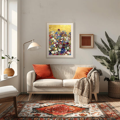 Klimt Floral Meadow Print, Abstract Flower Field Art, Vibrant Gold Aesthetic Poster, Eclectic Wall Decor