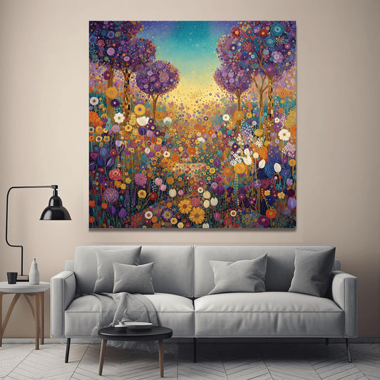 Klimt Whimsical Floral Meadow Print, Abstract Purple Tree Art, Vibrant Garden Landscape Poster