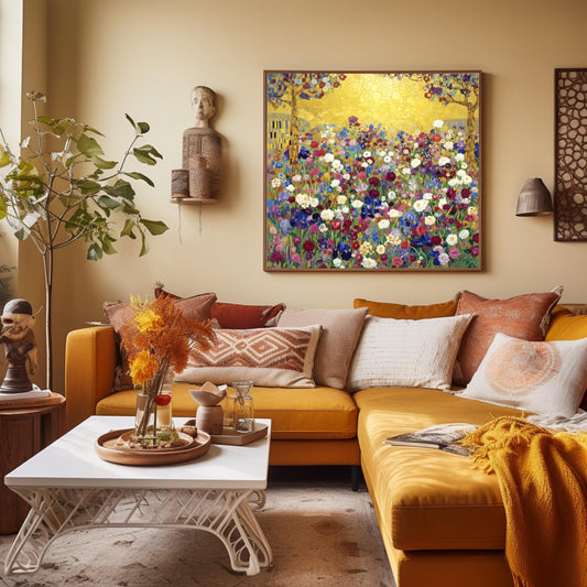 Klimt Floral Meadow Masterpiece Inspiration Print, Gold Art Nouveau Wildflower Poster, Vibrant Eclectic Decor
