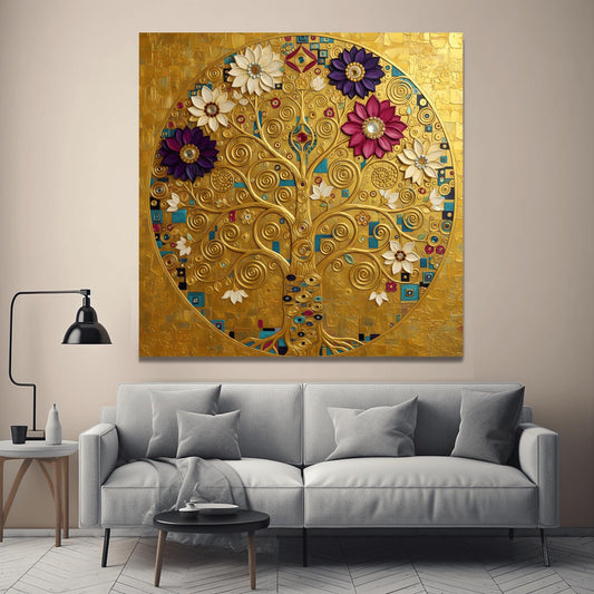 Klimt Tree of Life Masterpiece Print, Golden Mandala Wall Art, Abstract Floral Circle Decor