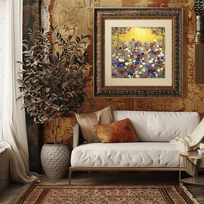 Klimt Floral Meadow Masterpiece Inspiration Print, Gold Art Nouveau Wildflower Poster, Vibrant Eclectic Decor