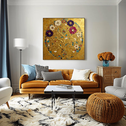 Klimt Tree of Life Masterpiece Print, Golden Mandala Wall Art, Abstract Floral Circle Decor