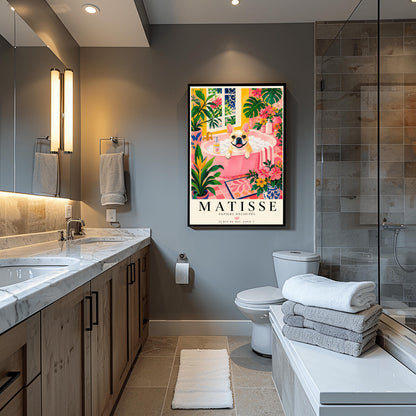 A vertical maximalist art print styled as a Henri Matisse exhibition poster. A tan and white French Bulldog with a wide, happy smile sits in a pink bathtub filled with white bubbles. The bathroom is vibrant with pink tiled floors, yellow walls, and a large window looking out onto a garden. The scene is filled with tropical plants like Monstera and Birds of Paradise. Bold black text at the bottom reads "MATISSE PAPIERS DÉCOUPÉS" with a Paris gallery address.