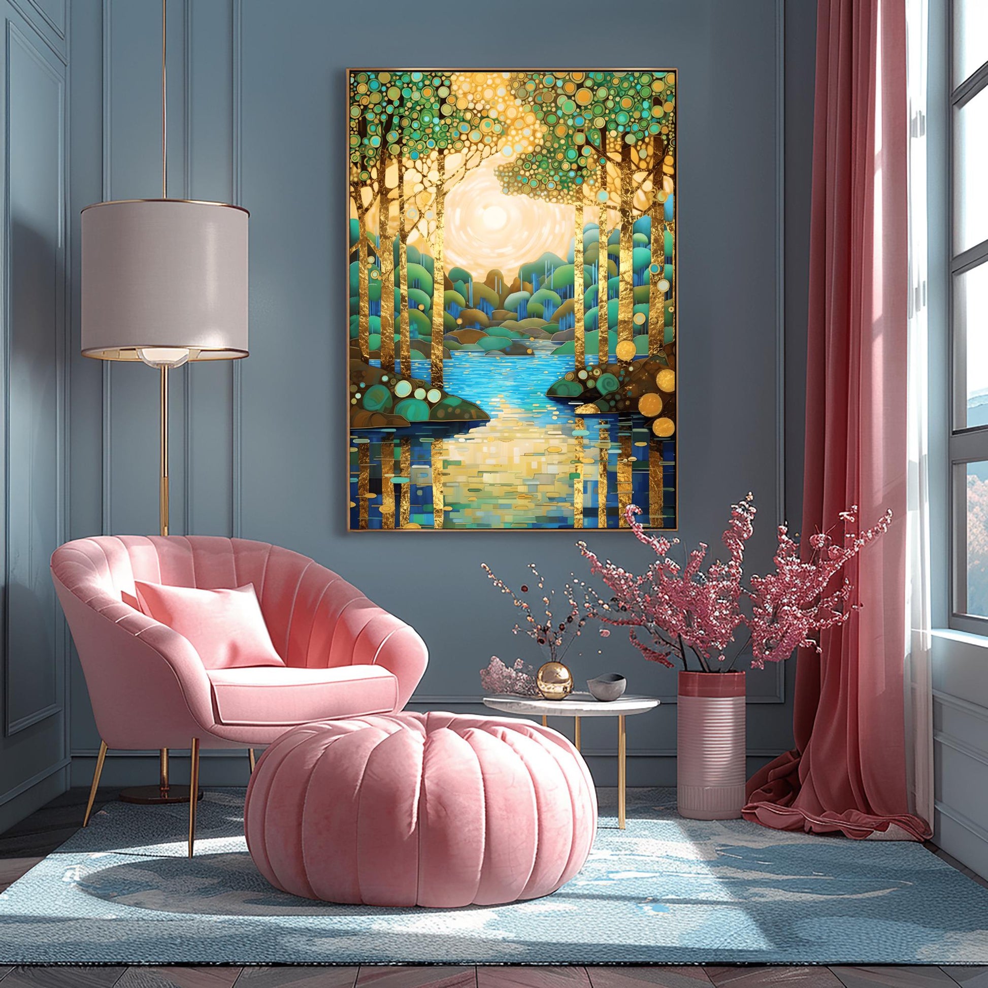 Gustav Klimt Style Mosaic Landscape ‚Äì Teal and Gold Tree Wall Art Deco Golden Forest Print (main image)