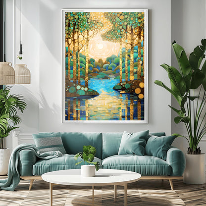Gustav Klimt Style Mosaic Landscape ‚Äì Teal and Gold Tree Wall Art Deco Golden Forest Print (view 2)
