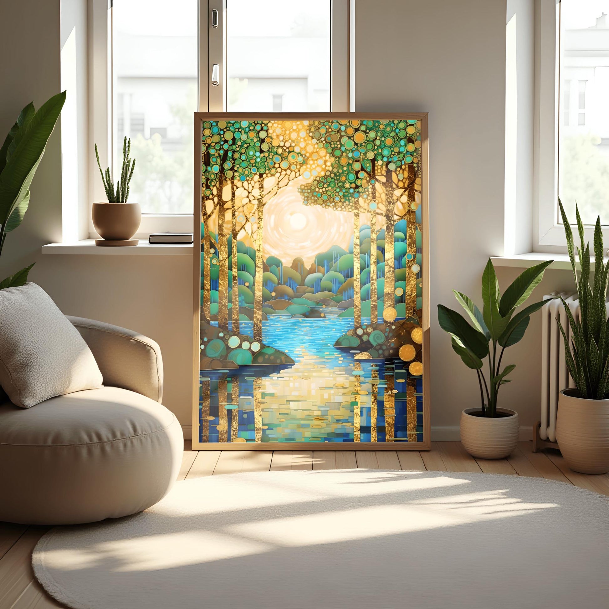 Gustav Klimt Style Mosaic Landscape ‚Äì Teal and Gold Tree Wall Art Deco Golden Forest Print (view 3)