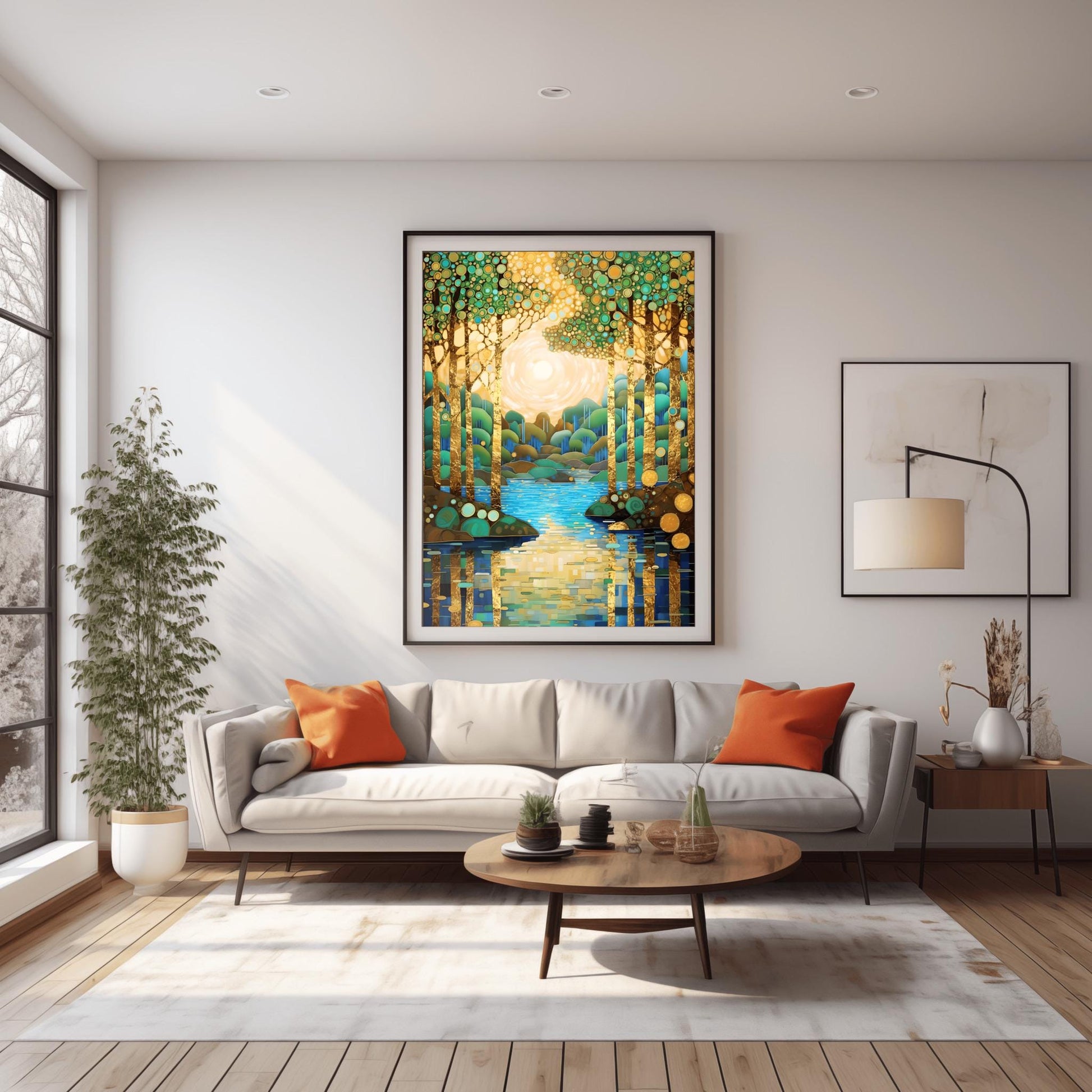 Gustav Klimt Style Mosaic Landscape ‚Äì Teal and Gold Tree Wall Art Deco Golden Forest Print (view 4)