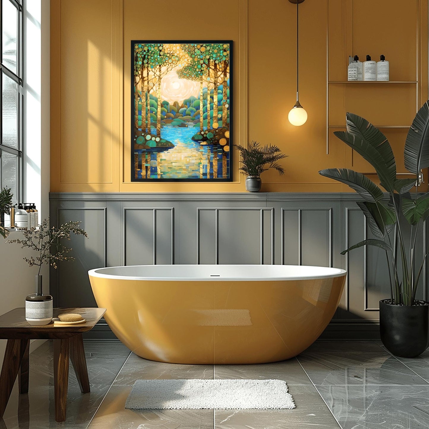 Gustav Klimt Style Mosaic Landscape ‚Äì Teal and Gold Tree Wall Art Deco Golden Forest Print (view 5)