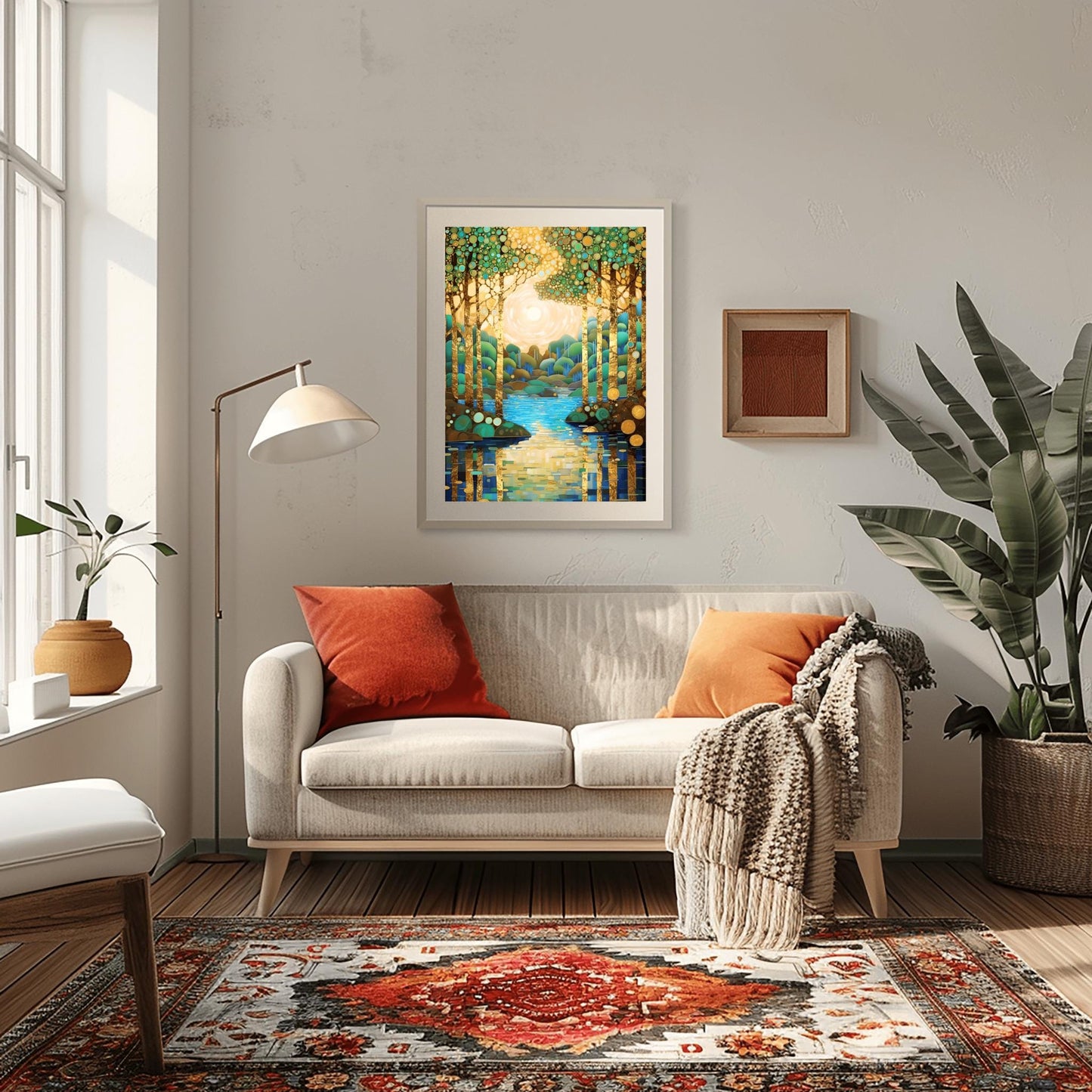 Gustav Klimt Style Mosaic Landscape ‚Äì Teal and Gold Tree Wall Art Deco Golden Forest Print (view 6)