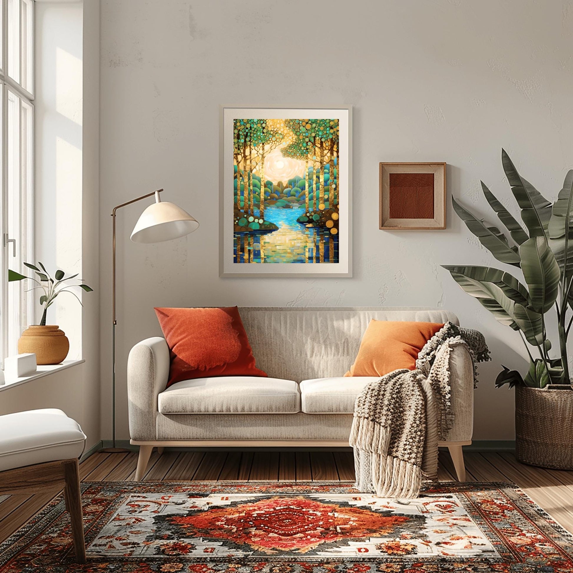 Gustav Klimt Style Mosaic Landscape ‚Äì Teal and Gold Tree Wall Art Deco Golden Forest Print (view 6)