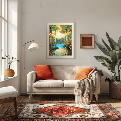 Gustav Klimt Style Mosaic Landscape ‚Äì Teal and Gold Tree Wall Art Deco Golden Forest Print (view 6)