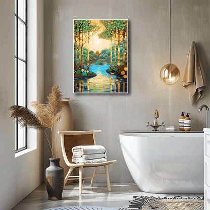 Gustav Klimt Style Mosaic Landscape ‚Äì Teal and Gold Tree Wall Art Deco Golden Forest Print (view 7)