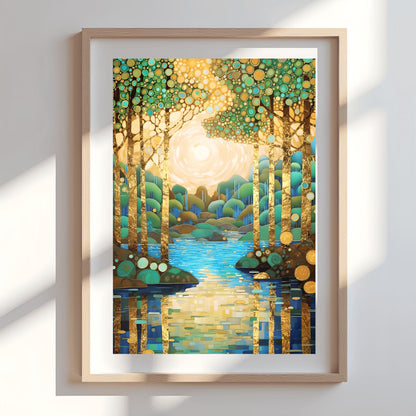 Gustav Klimt Style Mosaic Landscape ‚Äì Teal and Gold Tree Wall Art Deco Golden Forest Print (view 8)