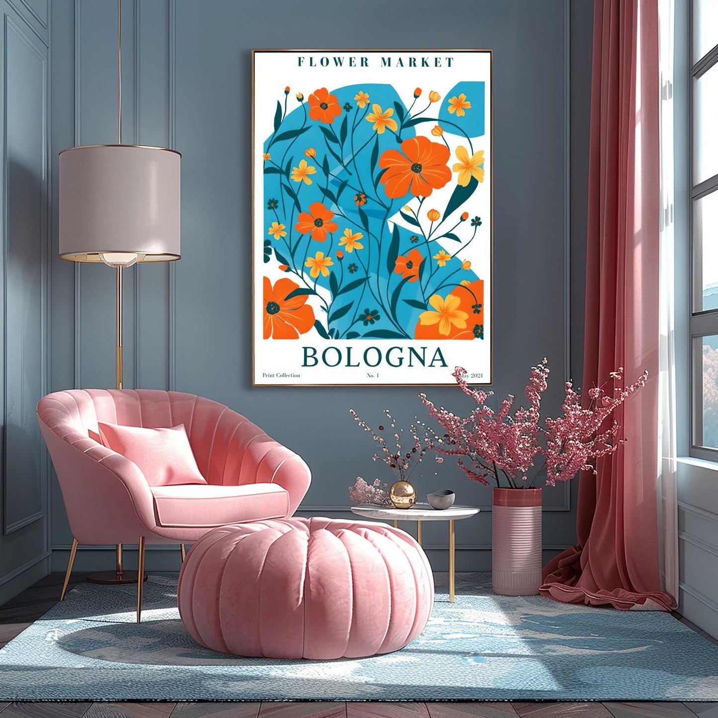 Bologna Flower Market Print ‚Äì Blue & Orange Floral Poster (main image)