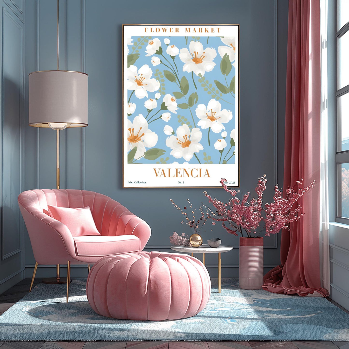 Valencia Flower Market Print ‚Äì Blue & White Floral Poster (main image)